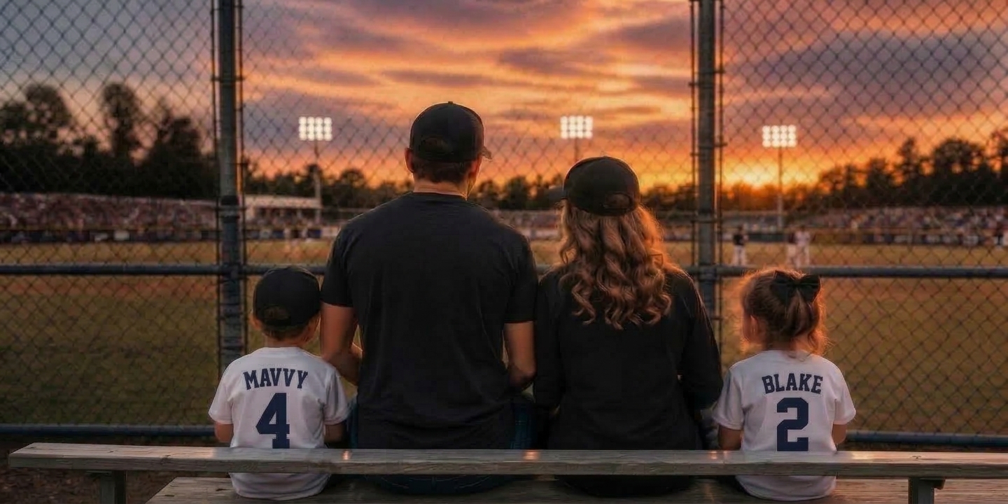 Family in matching tees at the ball field